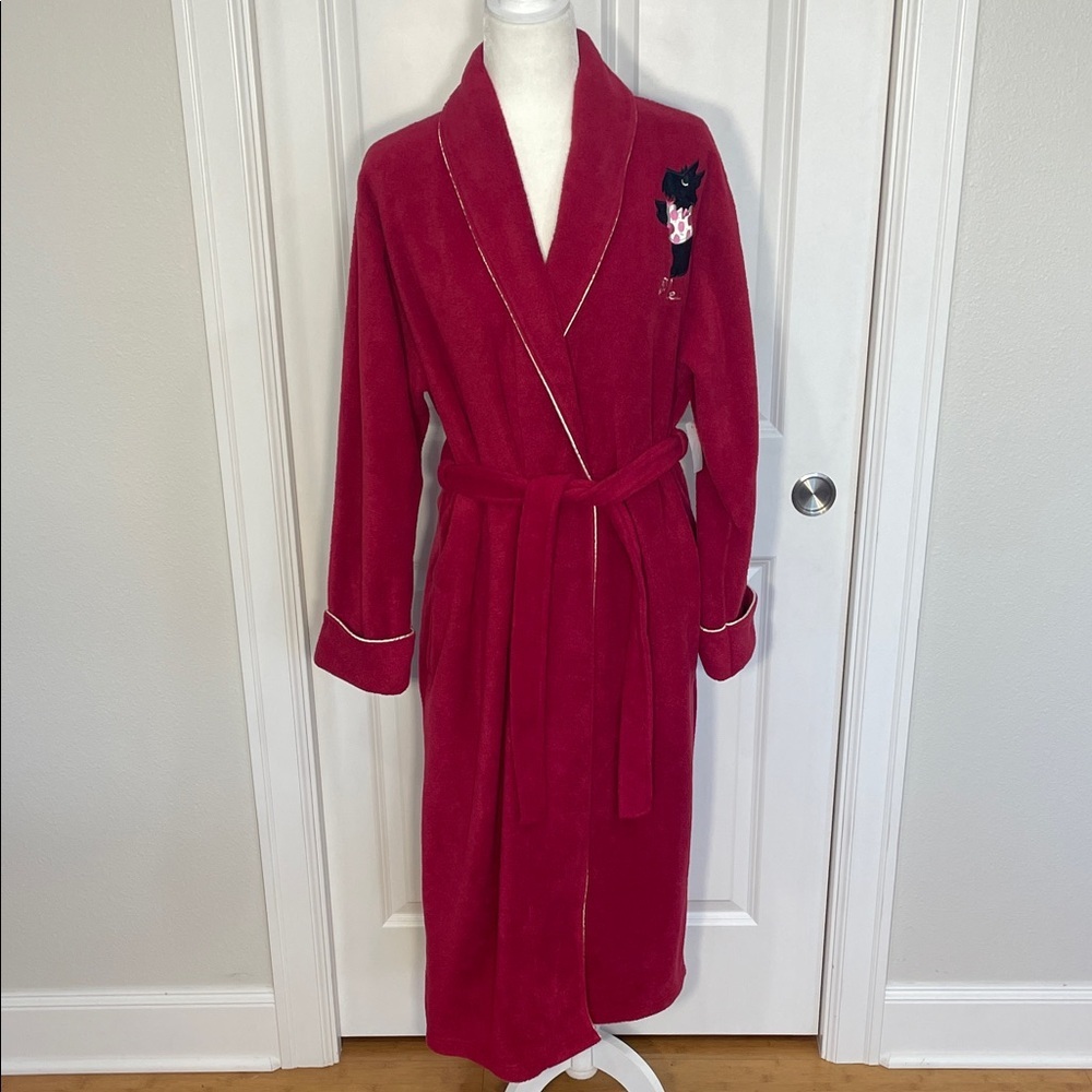 Delicates Red Fleece Robe Size Medium Embroidered Scottie Dog Appliqué Pockets